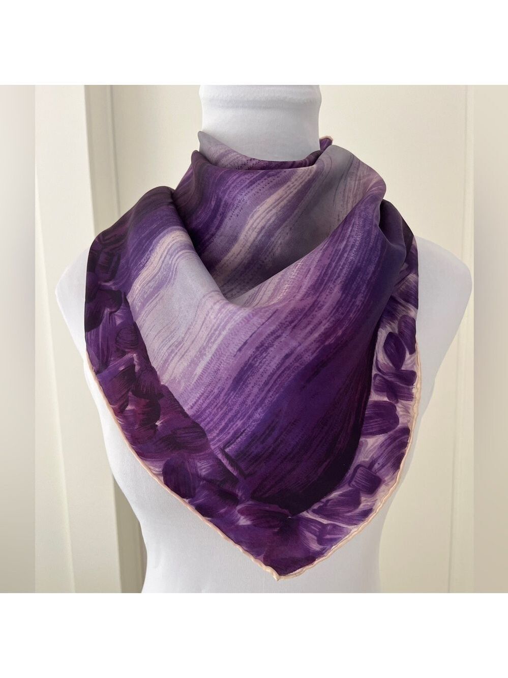 VINTAGE Acetate Made in Japan Scarf Hand Rolled Hem Purple Ombre Stripe Chic